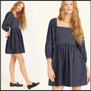 NWT J Crew Smocked Puff Sleeve Mini Dress Womens S in Chambray Cotton